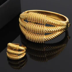 Bangle with Ring Jewelry Set for Party African 18k Gold Color Hand Bracelet Cocktail Ring 2Pcs Set for Engagement Jewelry Gifts