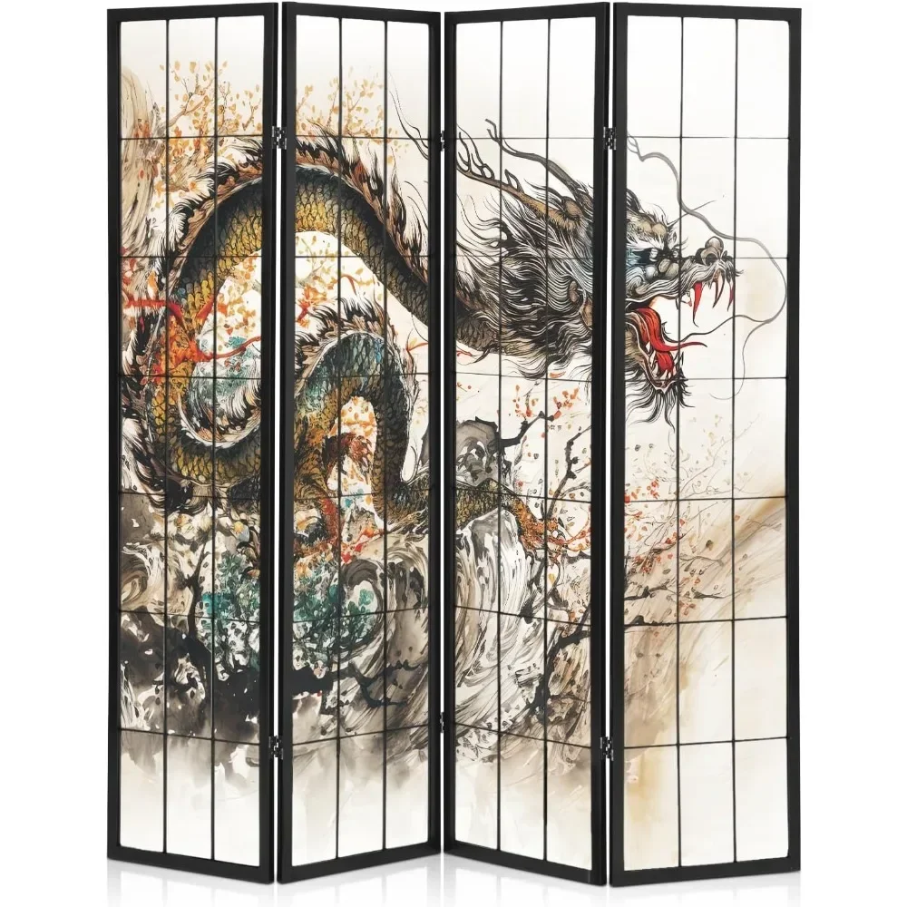 ##For 4-Panel Screen Room Divider, 5.9 ft Wood Dragon Pattern Room Dividers and Folding Privacy Screens, Asian Room Separators&