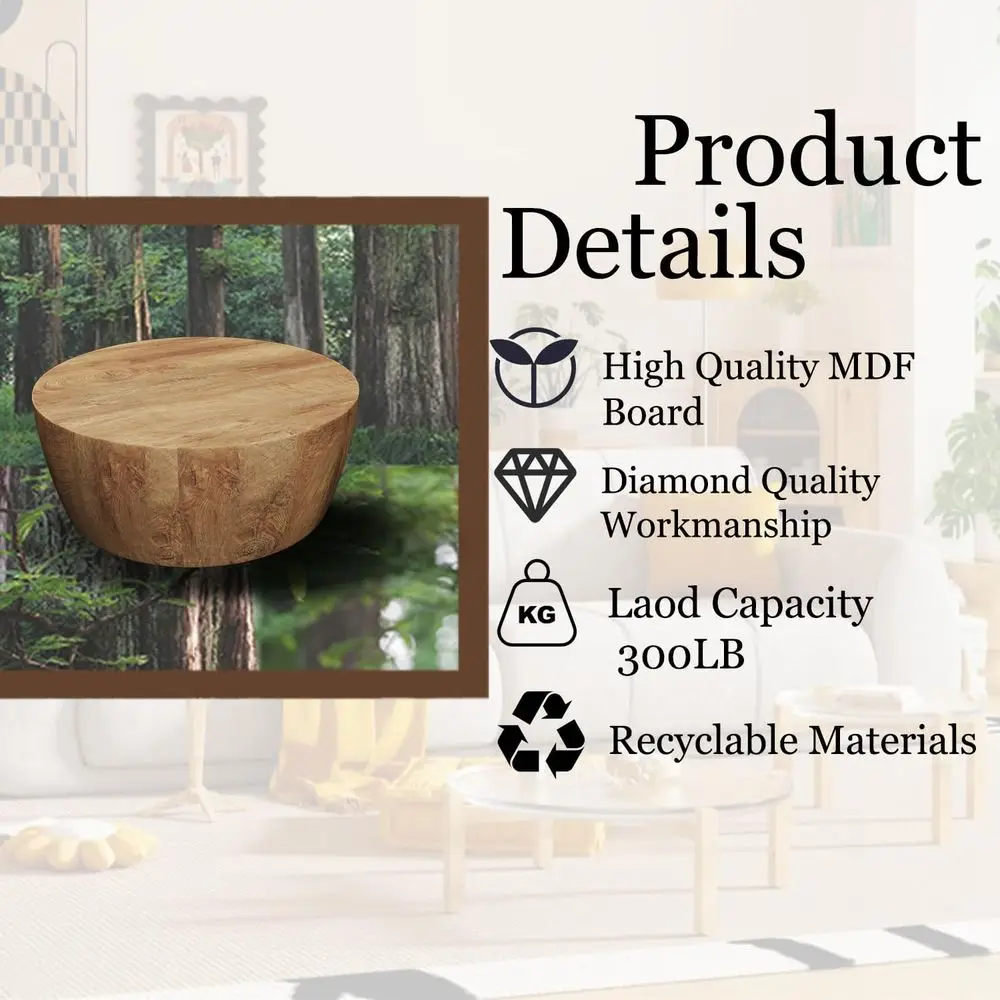 Modern Coffee Table Rustic Center Table with Metal Leg for Living Room, Reception Room, Office (Wood, Round)