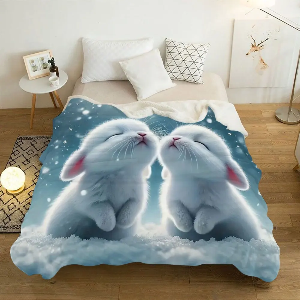 Cute White Bunny Throw Blanket  Two Sweet Rabbits Winter Snow Scene Wildlife Art Decor for Sofa Bedroom Couch Blanket