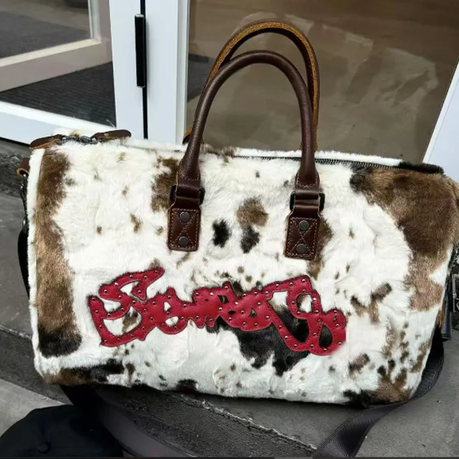 

Новые зимние сумки-тоут с леопардовым принтом коровы, женские мягкие плюшевые сумки, женские сумки из искусственной кожи подмышками, пушистая пушистая сумка на плечо