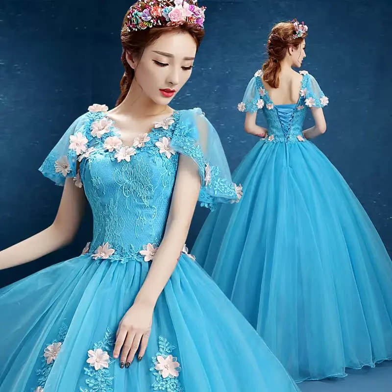 Wedding Dress Colorful Yarn Dress V-neck Shoulder Annual Meeting Evening Dress Long Performance Dress Puff Skirt Customized