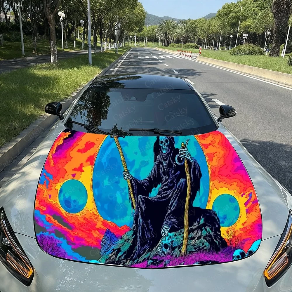 

Vibrant hood wrap featuring a stylized grim reaper against psychedelic cosmic backdrop with vivid neon colors.Car hood sticker