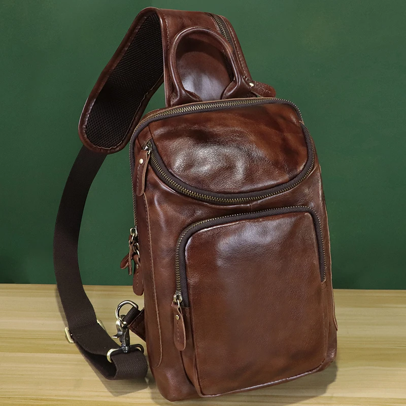 Vintage Genuine Leather Men's Chest Bag Cowhide Single Shoulder Crossbody Bags Large Capacity 2025 New Model Bags