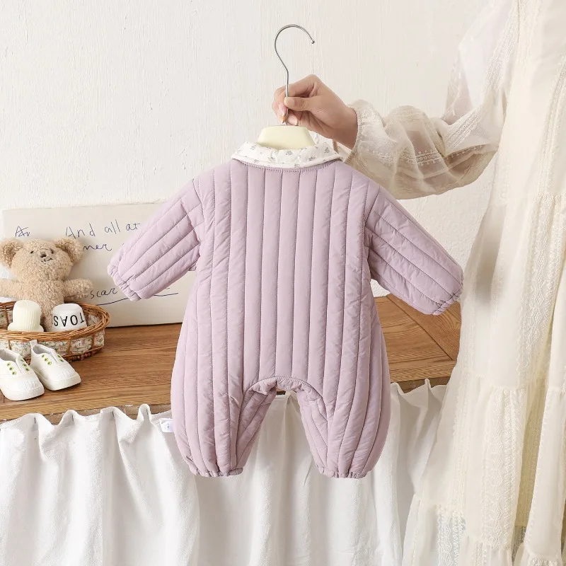 Korean Infant Vertical Padded Climbing Suit Girl Splicing Lapel Onesie Autumn and Winter Snap