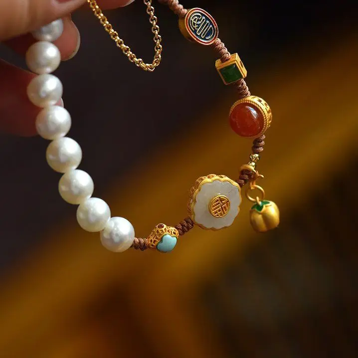 Lucky Persimmon Ancient Style Multi-Treasure Bracelet Freshwater Pearl Turquoise Bracelet Female Enamel Diy Girlfriends Jewelry