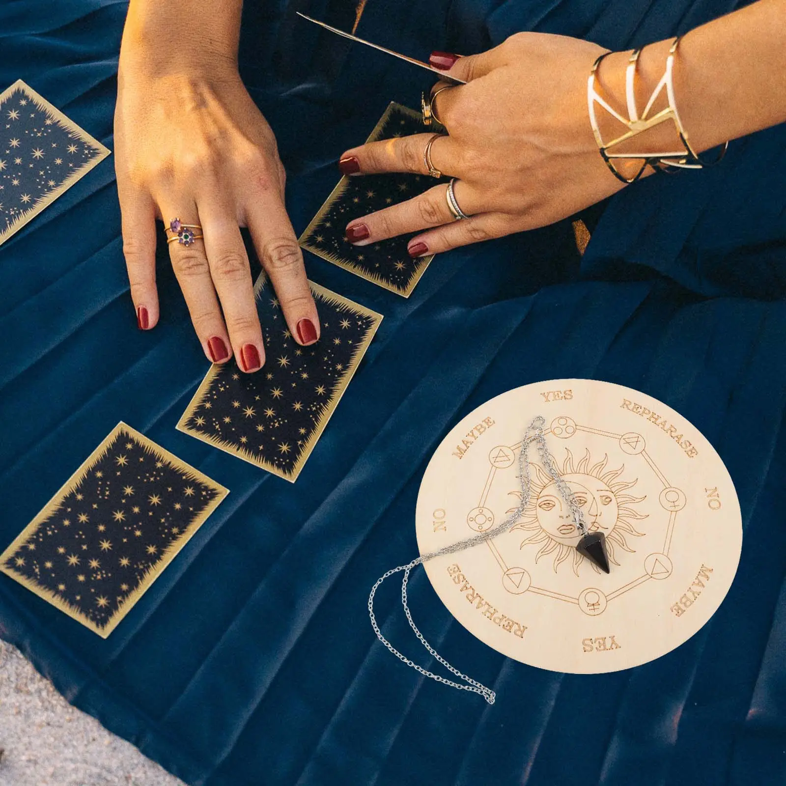 1Set Wood Pendulum Board Altar Divination Game Prop Astrology Pattern Metaphysical Spirit Board Pendulum Necklace