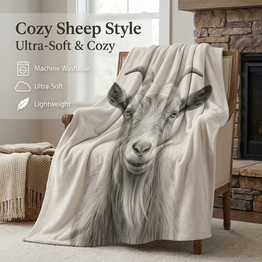 Minimalist Goat Flannel Throw Blanket, Cozy Neutral Tone Throw for Farmhouse & Modern Home Decor