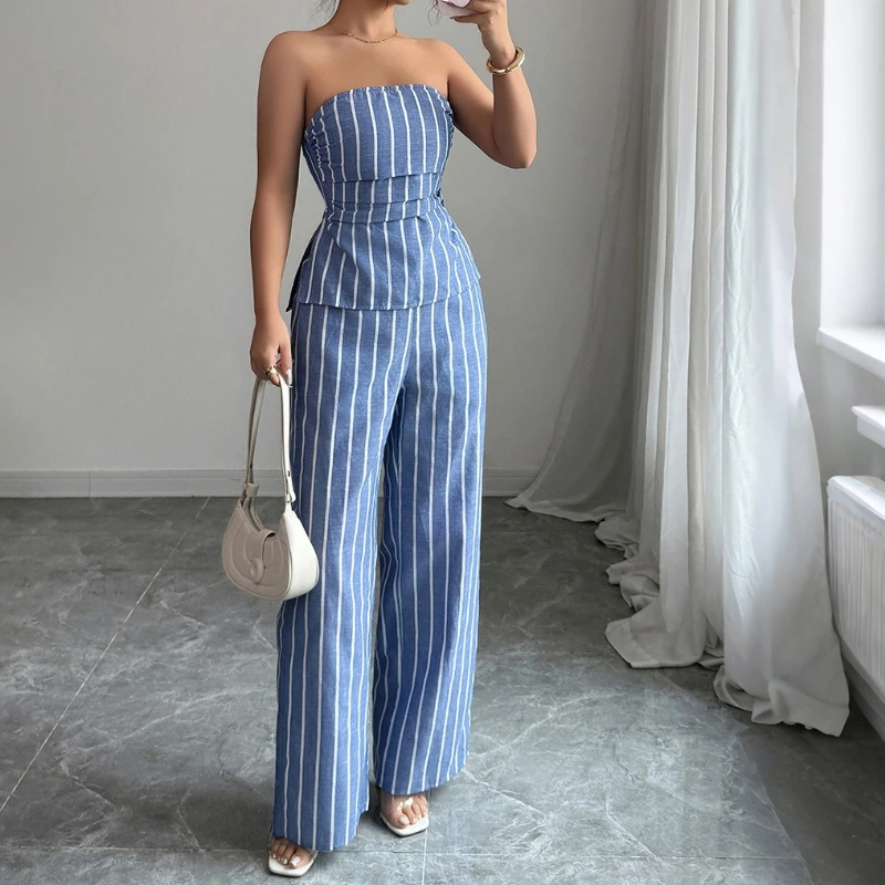 

Stylish and Elegant Tube Top Striped Trousers Two-piece Suit Women's Clothing 2025