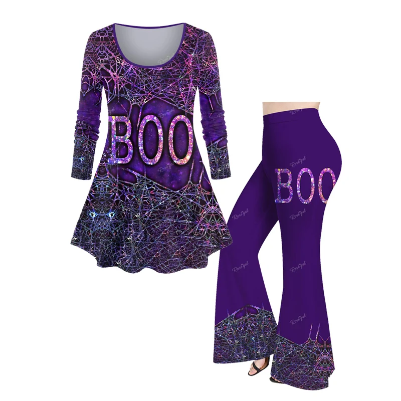 Halloween Graphic T-shirt Or Flare Pants Matching Set, Sparkling Sequin Letters, Spider Web Printed Top or Trousers, XS-6X