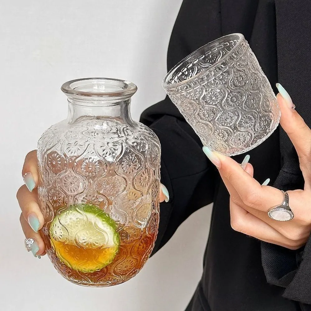 Jarra de cristal vintage con diseño floral para agua fría, jugo, café, juego de vasos de agua, jarra de noche para bebidas de medianoche