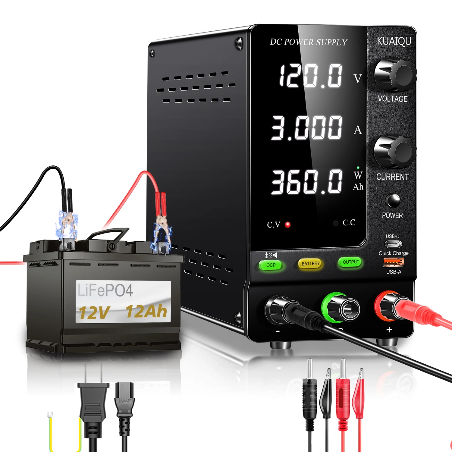 NICE-POWER SPPS-C1203C Bench DC Power Supply 120V 3A with OCP & Battery Charge Function for Lab/Industry Testing and PC Charging