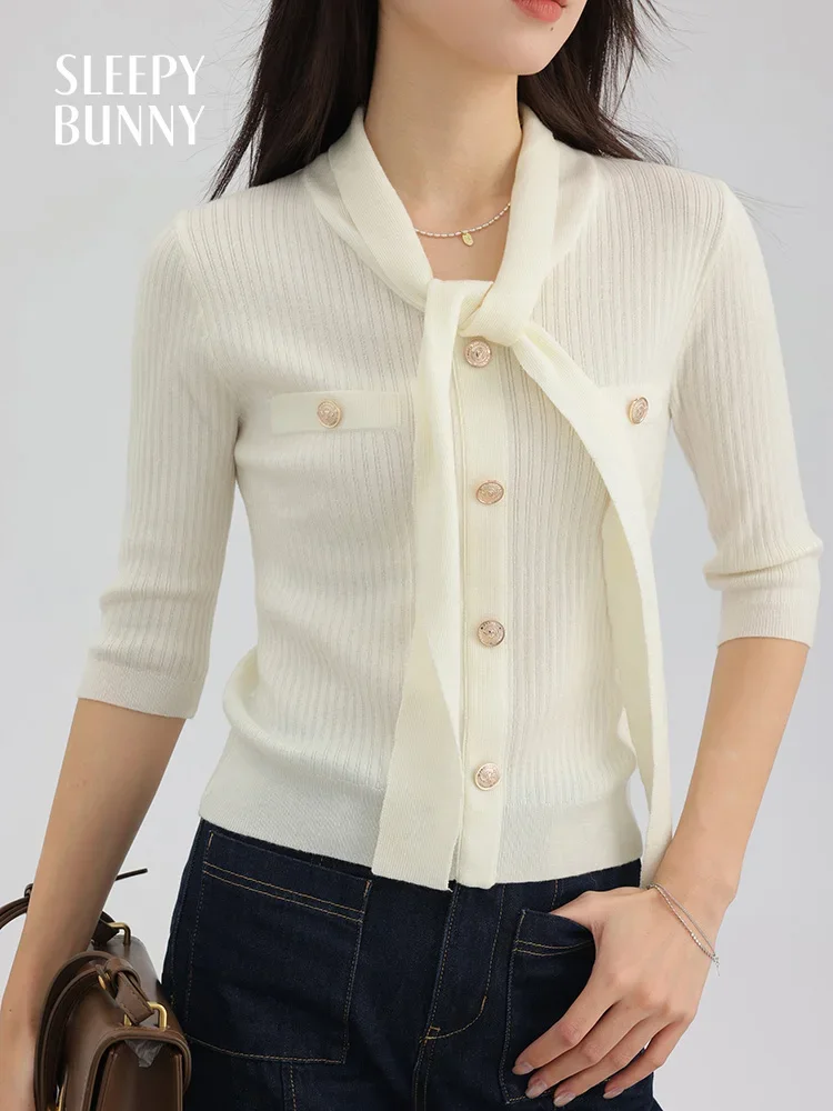 

French Style Bow Tie Knit Cardigan for Women Slim Fit Stretchy Ribbed Sweater Elegant Seven-Sleeve Button-Up Top for Spring