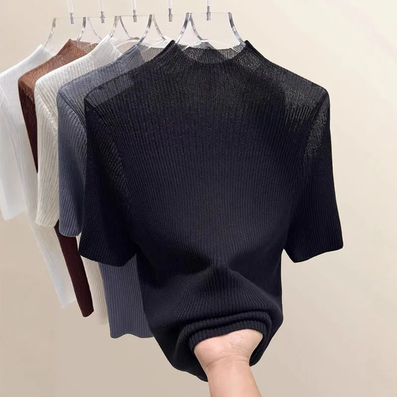 

Вязаный свитер, женские пуловеры, новый черный вязаный свитер с коротким рукавом и воротником-стойкой, пуловер, женские топы, свитера, женская одежда Q1236