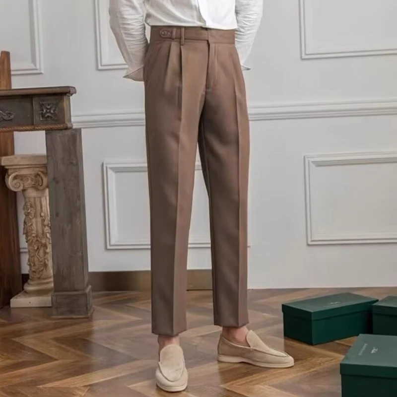 Old Money Aesthetic Mens Suit Trousers Stylish Belt Buttoned High-waisted Pants Men Fall Vintage Solid Color Slim Straight Pants