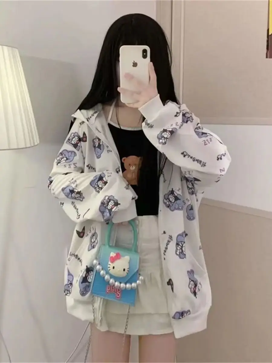 Cute Cartoon Zip Up Jackets Girls Harajuku Japan Anime Pockets Clothes Bomber Jacket Autumn Coat Women Pink Spring Loose Hoodies