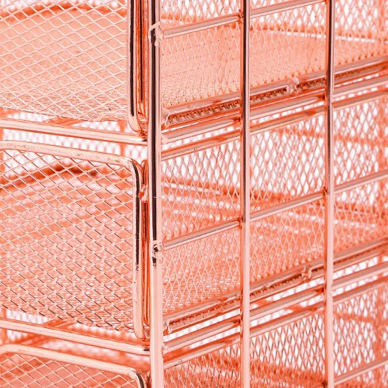 Stationery Metal File Shelf Desk Organizer With Drawers And Metal Mesh Shelving For Office, School And Home, Rose Gold