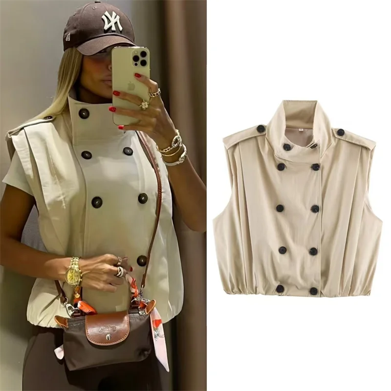 Guobioziy 2026 Women's Jacket Fall/Winter New Khaki Sleeveless Stand Collar Pleated Loose Vest Personality Fashion Versatile