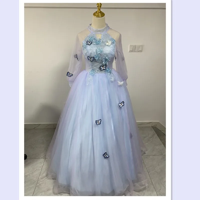 Nova moda alta-pescoço quinceanera vestidos vintage doce ilusão lanterna mangas vestido de baile flor borboleta fada robe de bal