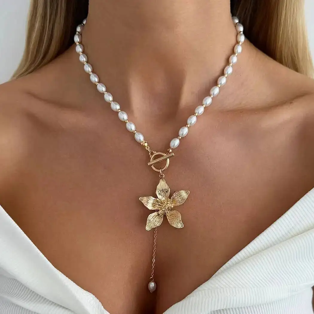 KunJoe Elegant Gold Color Imitation Pearl Flower Tassel Pendant Necklace Women Exquisite Clavicle Chain Jewelry Birthday Gifts