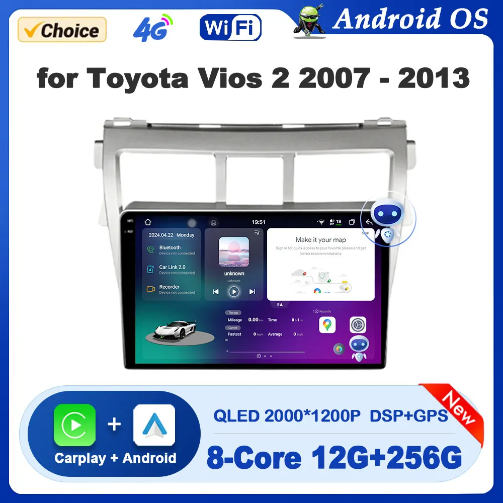

Android OS Car Multimedia Radio Player for Toyota Vios 2 2007 - 2013 GPS Navi DSP Stereo Bluetooth Wireless Carplay Auto Tools