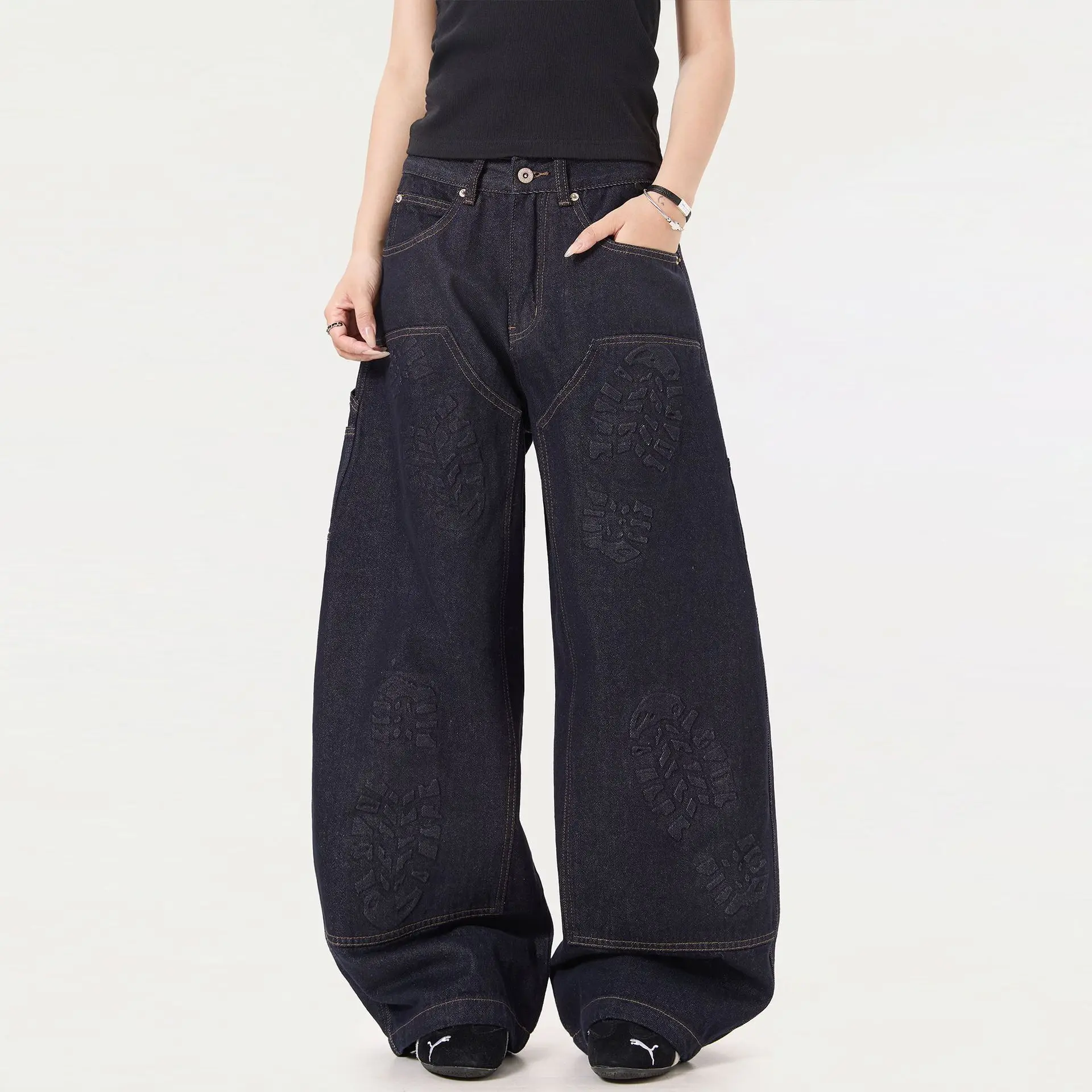 OR FL Three-dimensional Footprints Print Curved Knife 85 Cotton Women Jeans Trendy Brand High Street Niche Design Sense Trousers