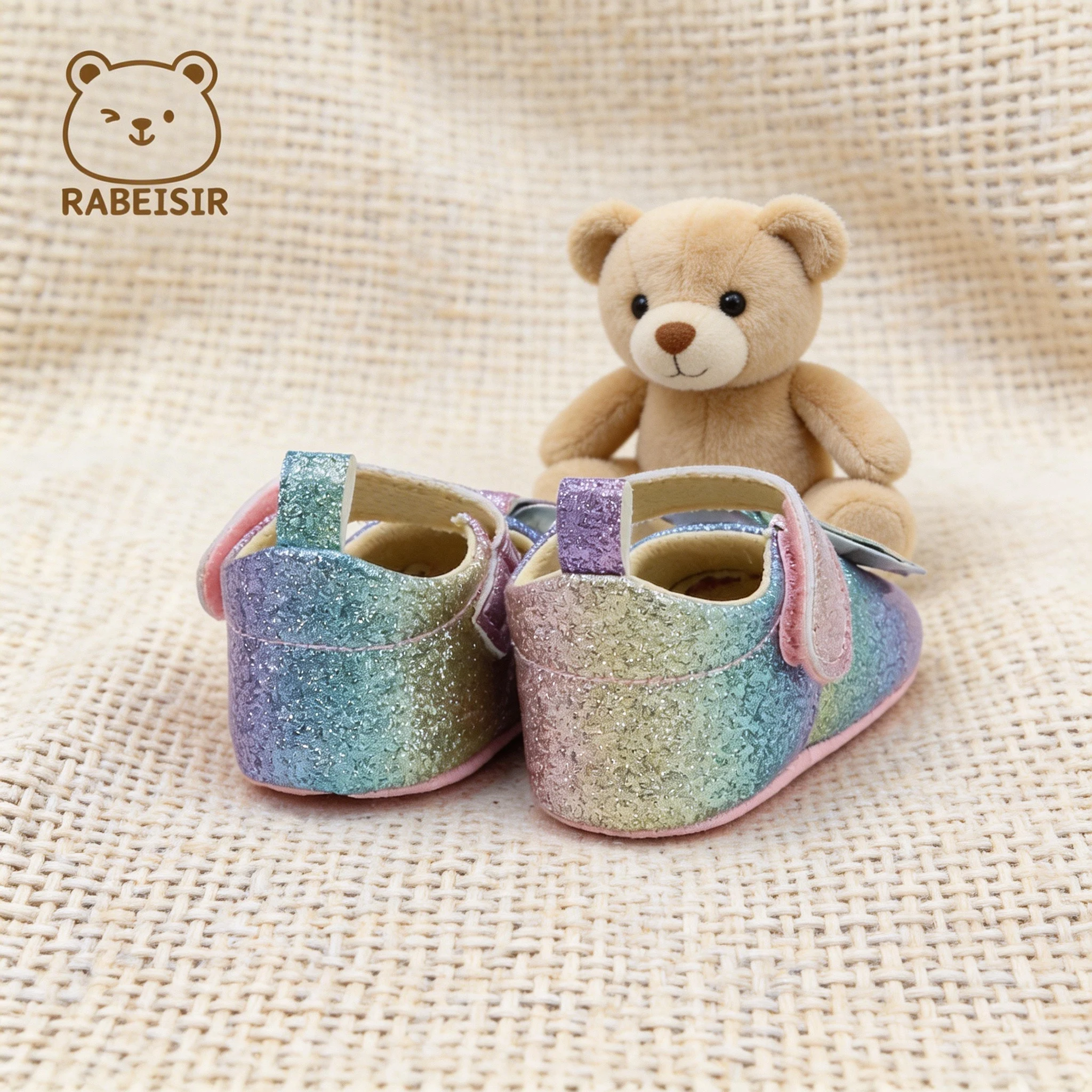 0-18 Months Baby Girl Mary Jane Shoes with Rainbow Gradient Bow Decoration, Soft Sole, Velcro Casual Walking Shoes