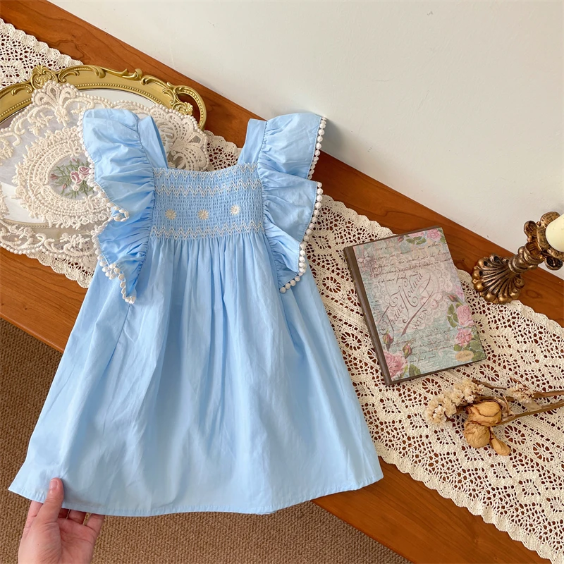 

Girls Vestidos Kids Clothes Girl Hand-embroidered Dress Summer Dresses Blue Princess Girl Dresses Petal Sleeve Dress For Girls