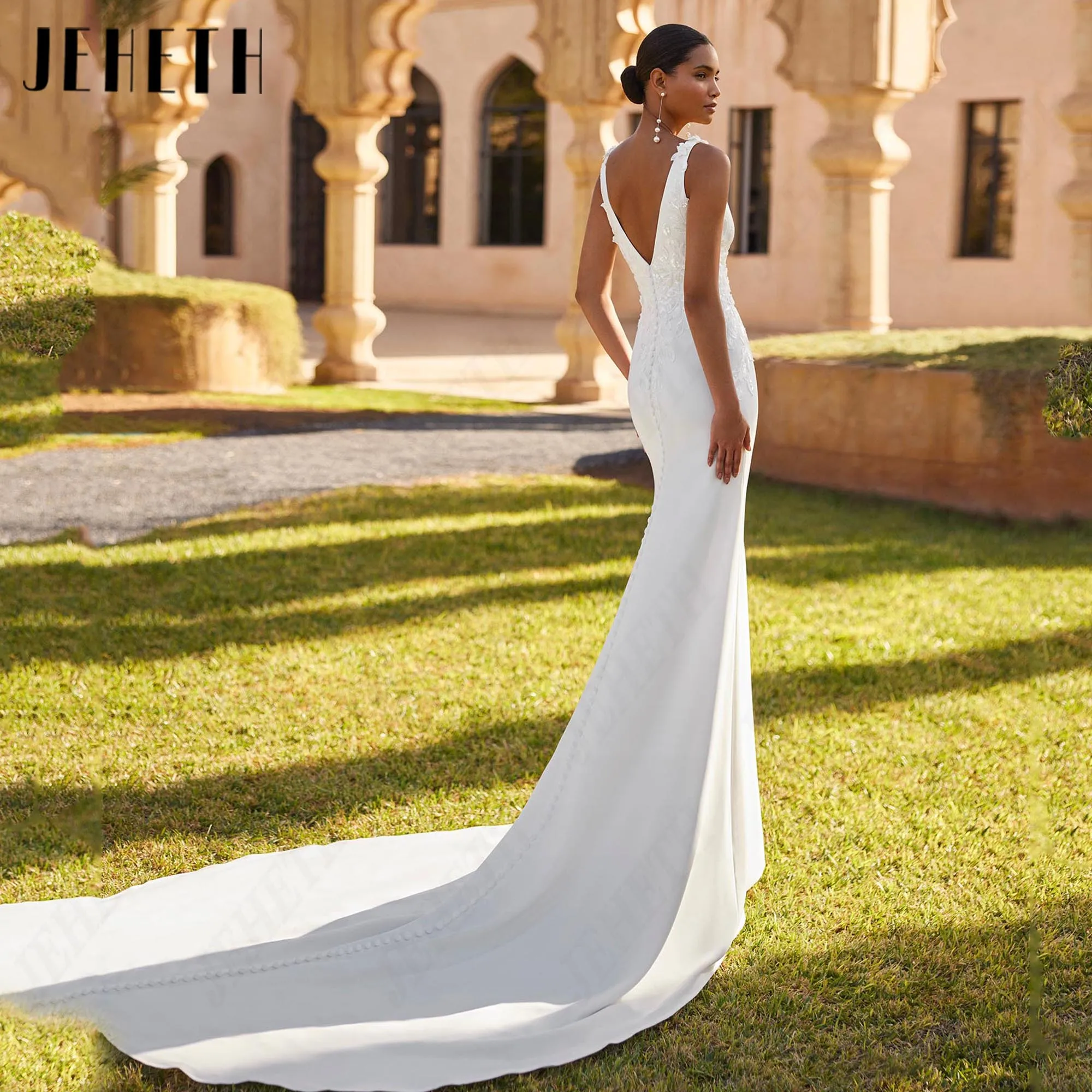 JEHETH Elegant Mermaid Soft Satin Wedding Dresses V Neck Lace Appliques Bridal Gown Court Train Backless Customized Bride Dress