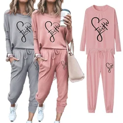 Women Faith heart Printed Fashion Running Pants Sets Woman Jogger Two Piece Set Long Sleeve Sports Suit Jogging Tracksuit