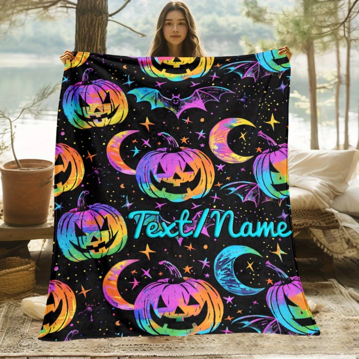 Custom name Halloween vibrant pumpkin flannel blanket, suitable for sofas, beds, Halloween, birthdays, children, gifts.