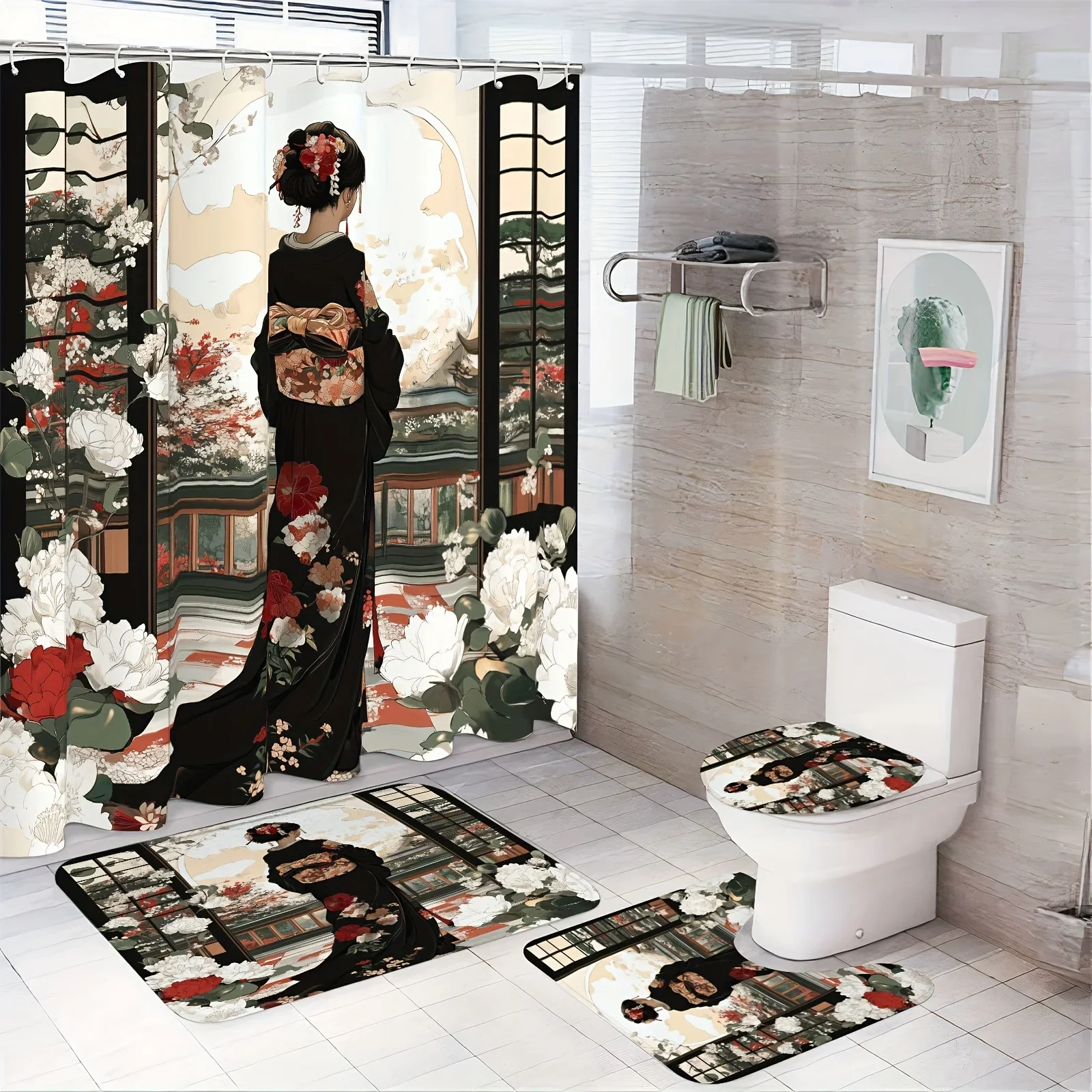 

Elegant Geisha with Floral Kimono Bathroom Set - Waterproof Shower Curtain, Toilet Lid Cover, Bath Mat, and Contour Mat