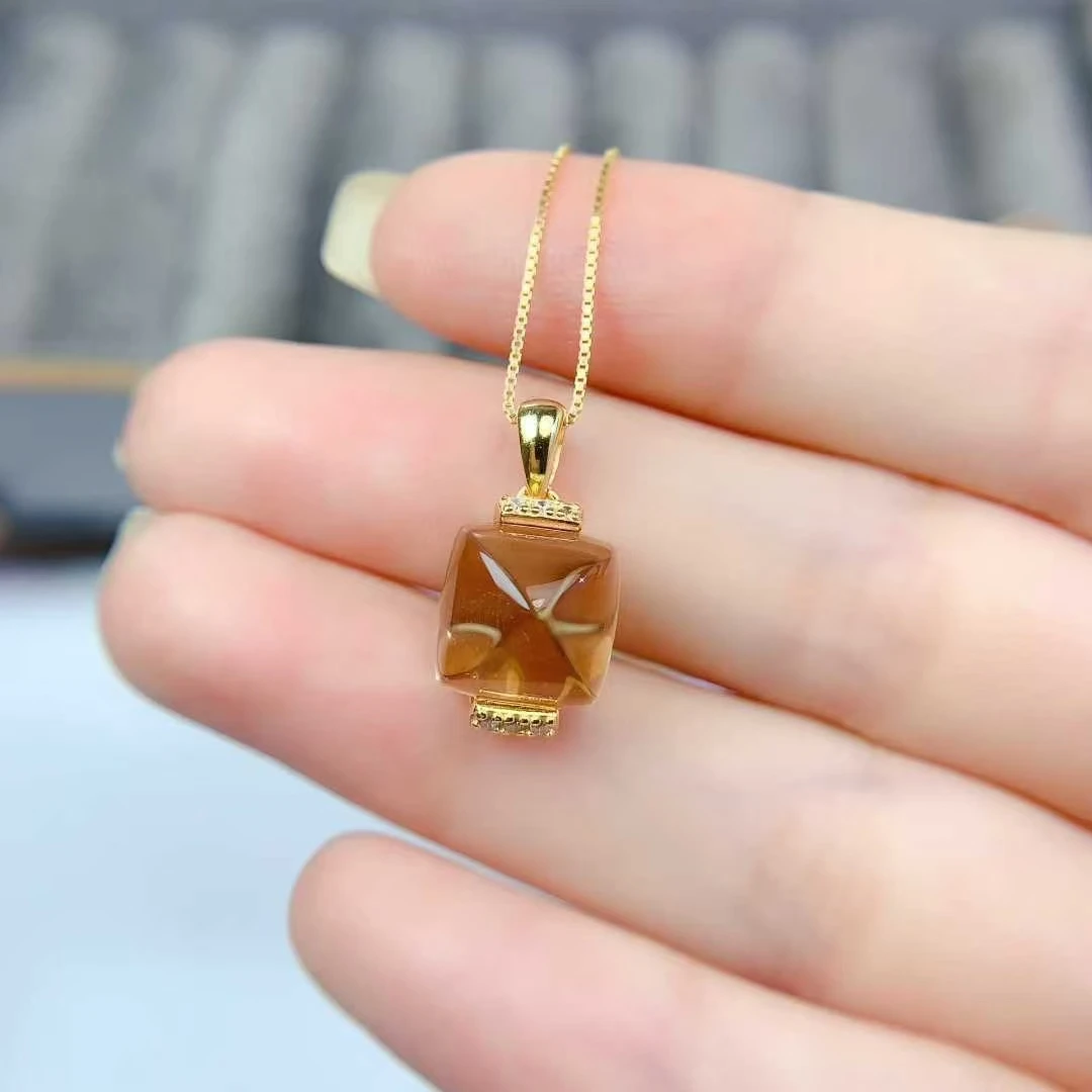 

Elegant 925 Silver Crystal Pendant Natural Citirne Necklace 10mm Sugar Loaf Citrine Silver Pendant for Office Women