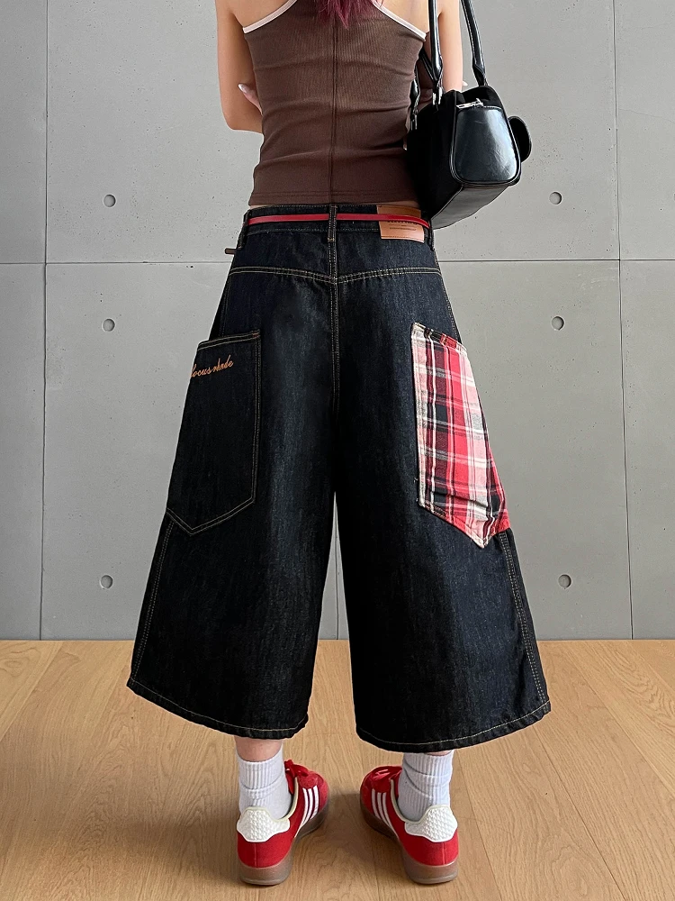 American High Street Retro Plaid Patchwork Seven-Foot Denim Shorts Unisex Loose Straight Leg Pants Youth Fashion Casual Wear