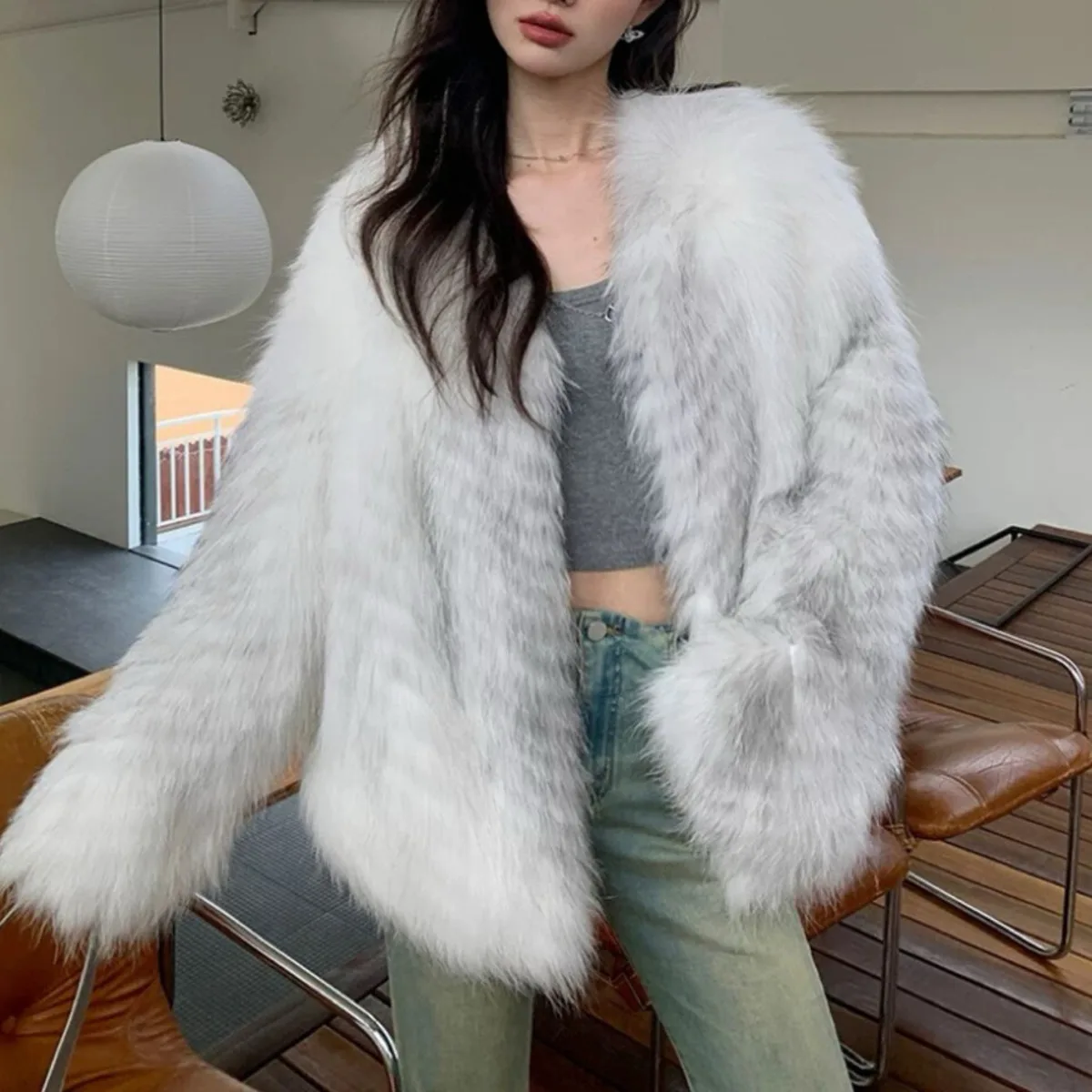 BKTZ Cappotto di pelliccia da donna Designer vintage di media lunghezza con scollo a V Tie-Dye Elegante ufficio minimalista Caldo lusso 2025 Autunno Inverno