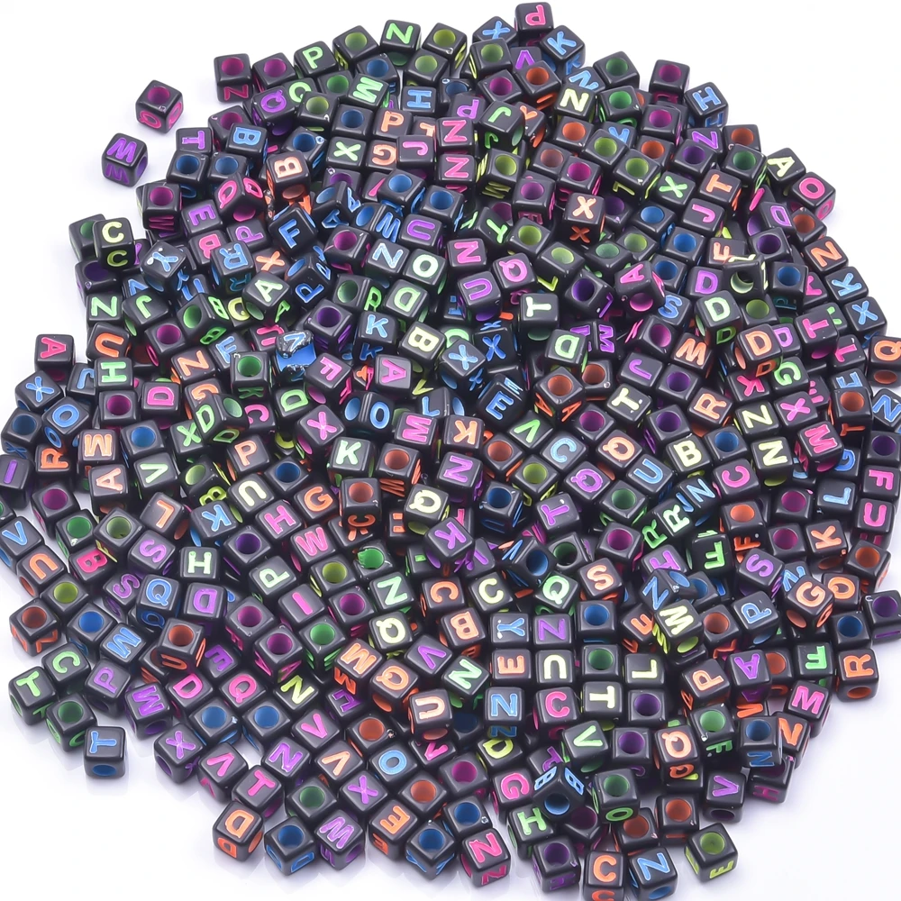 Random Mixed Black Color 26 Initial Acrylic Spacer Beads For Jewelry Making Supplies Big Hole Square Cuentas Para Hacer Pulseras