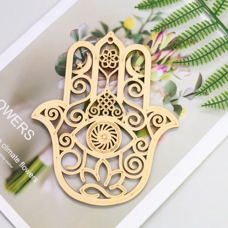 Laser Openwork Hamsa Fatima Hands Moon Stars Lotus Flower Chinese Knot Wooden Pendant Feng Shui Meditation Healing Hanging Decor