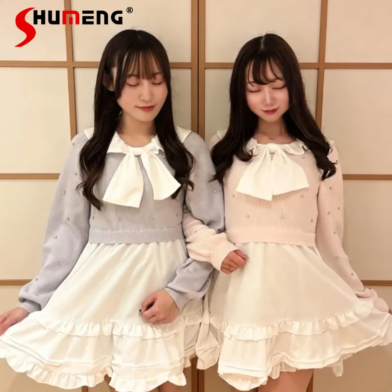 

2026 Spring New Japanese Ladies Bow Knitted Lolita Dress Y2k Clothes Rojita Sweet Long-sleeves Dresses Three Colors Can Choose