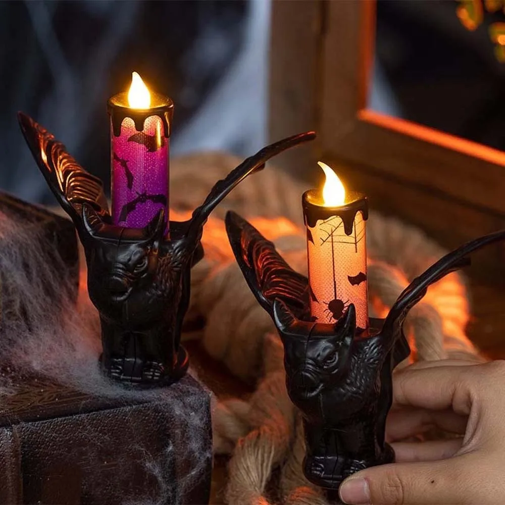 Cell Battery Operated Bat Candle Light Warm Flicker Plastic Base LED Candlestick Printed Pattern Eco Friendly Gothic Lamp