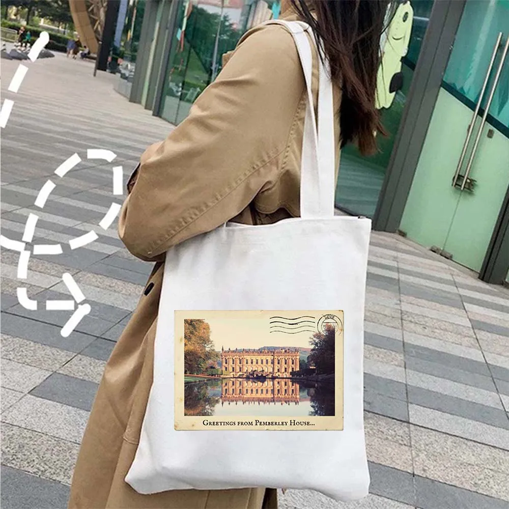 Romantic Novel Obstinate Headstrong Girl Jane Austen Quotes Antique Books Stack Bookshelf Shopper Canvas Tote Bag Cotton Handbag