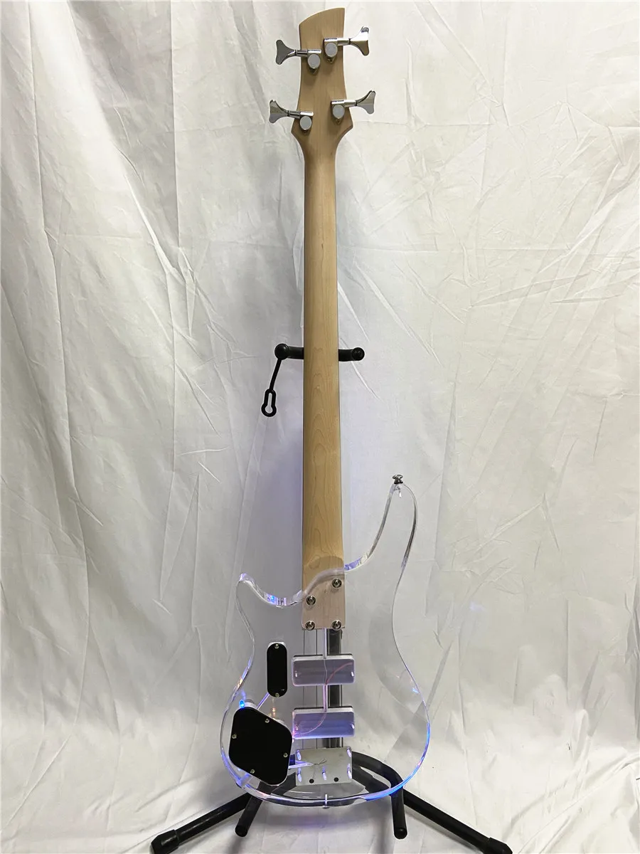 Crystal Acrylic Body 4 String Electric Bass Guitar Active Pickups with LED lights flashing Professional Bass Guitar