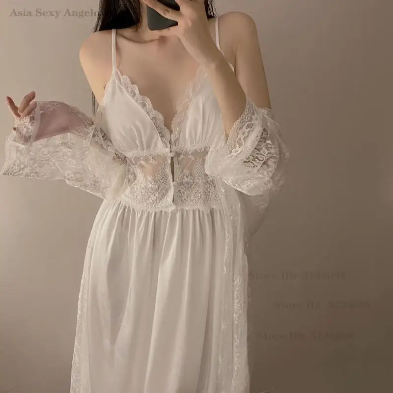 

Female Sexy Suspender Long Nightgown Robe Set Perspective Mesh Bathrobe Lingerie Silky Satin Lace Chemise Sleepwear Home Clothes