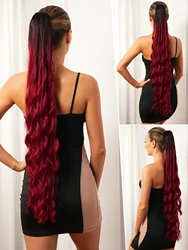 1 Pieces Synthetic Hairpieces Wrap Around Clip in  Ponytail Extension  Water Deep Wave ponytail wig Gradient red 34 Inch Top Qua