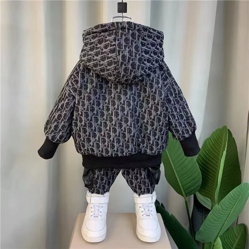 Autumn and Winter Boys\' Clothing Set New Children\'s and Baby\'s Winter Wear Plush Thick Hooded Coat Pants 2 Piece Set