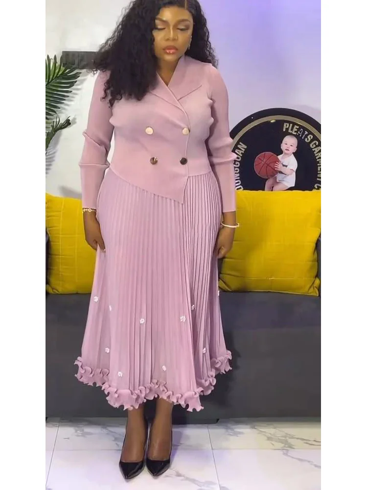 EGRM Miyake Geplooide Lange Jurk Herfst Hot Koop vrouwen Double Breasted Taille Cinching Afslanken High-end Stijlvolle Veelzijdige Rok