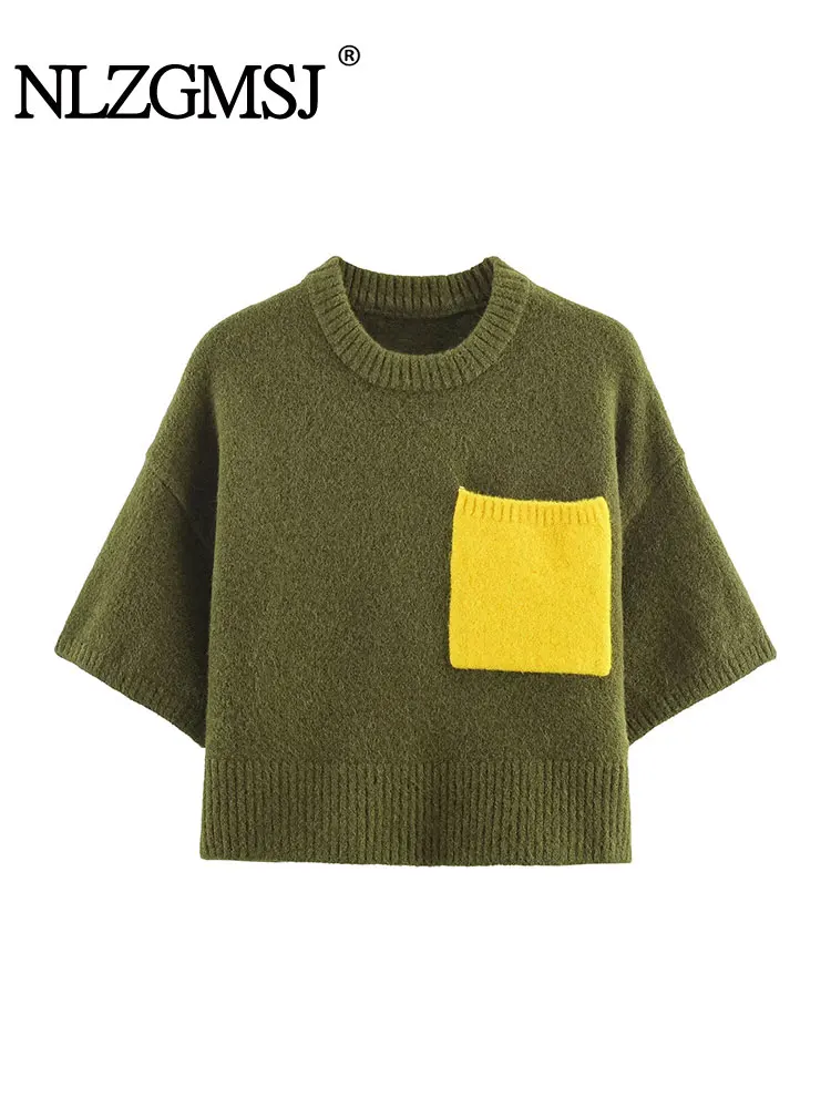 

NLZGMSJ женский контрастный вязаный свитер, женский пуловер с короткими рукавами, топ, осень 2021, новая мода, повседневный трикотаж с круглым вырезом, топы