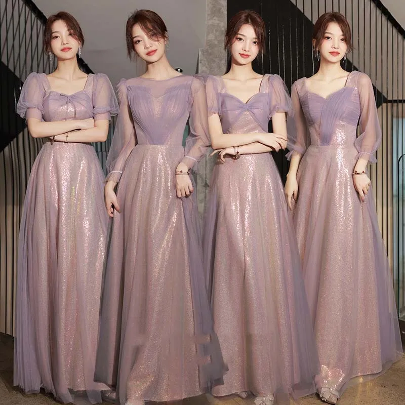 Purple Tulle Bridesmaid Dress Women New Lace-UP Shiny Blingbling Floor-Length Homecoming Dresses Elegant Modern Choir Gown