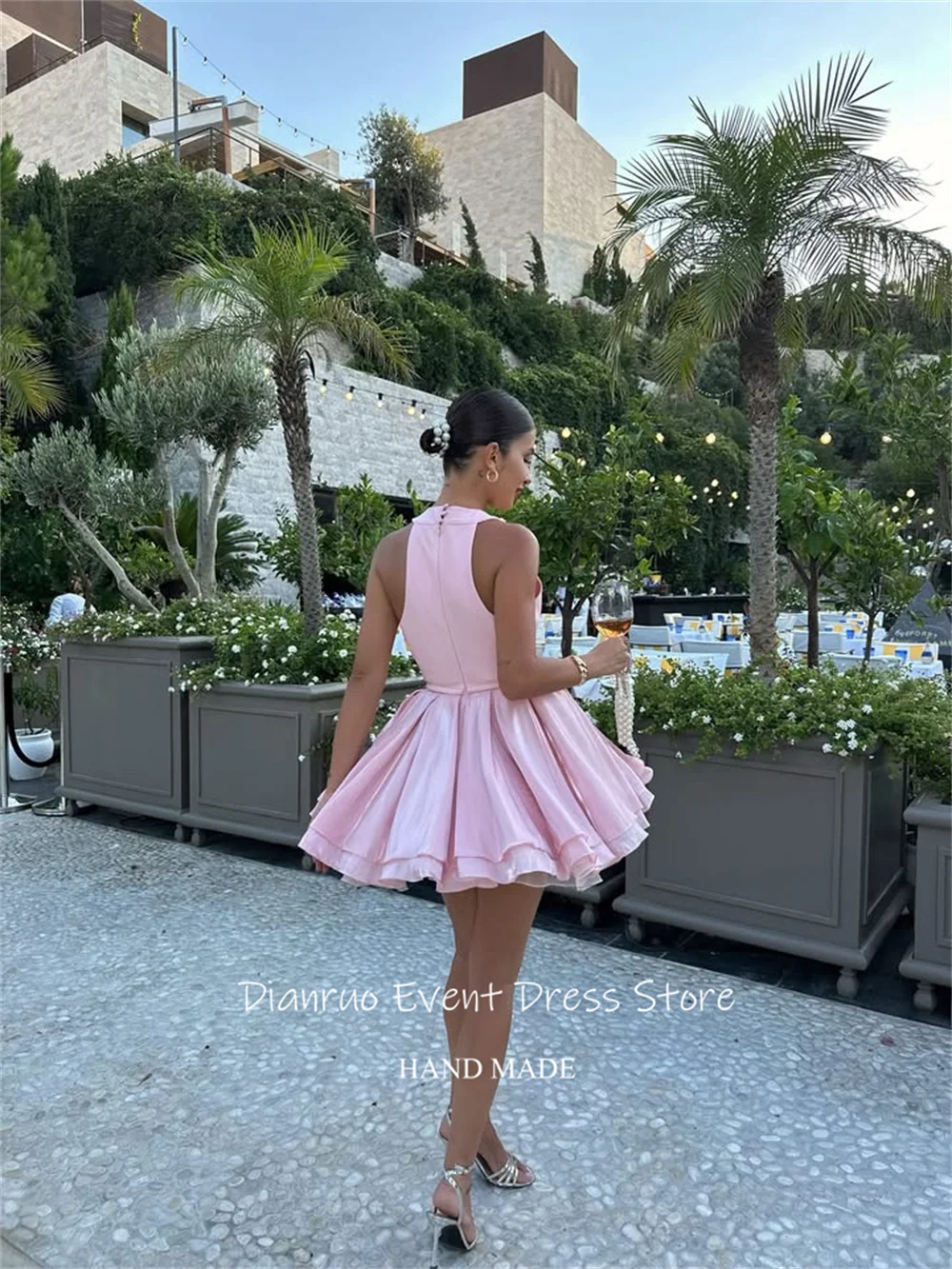 Dianruo الوردي الرسن ثلاثية الأبعاد الزهور فساتين لحضور الحفلات الموسيقية الطبقات ألف خط فستان كوكتيل قصير طول لامع فساتين العودة للوطن مخصص