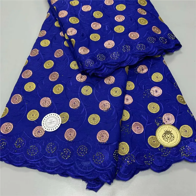 

Newest Design Blue Swiss Voile Lace Fabric French Nigerian 100%Cotton Dry Lace With Stones For Sewing Evening Party Dresses 1579