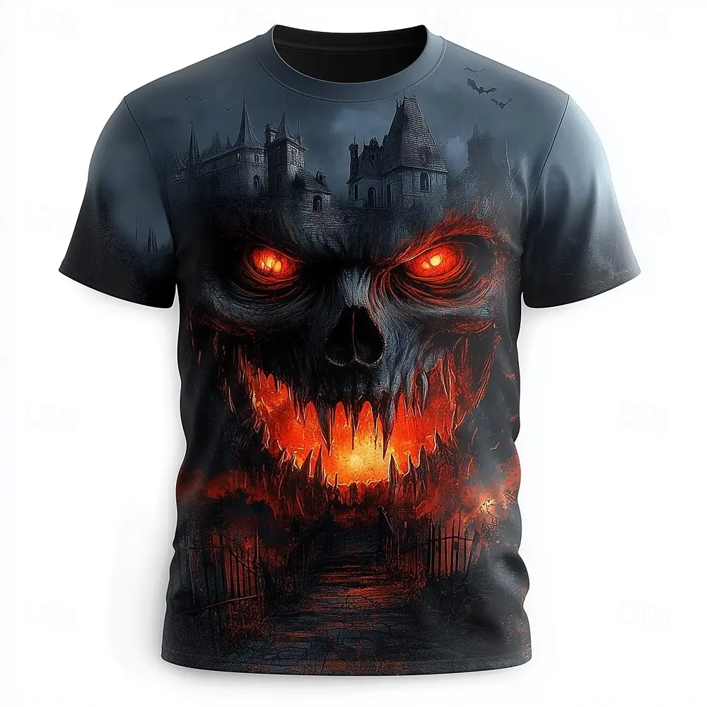 Halloween Men's Skull 3D Flame T Shirt Short Sleeve T shirt 3D Print Crew Neck Shirt Exaggerated Designer Horror Party Street